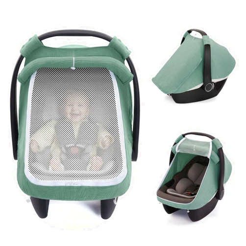 Blissful Diary Baby Car Seat Cover, Extra Large Mesh Window, Breathable Muslin Cotton, Infant Windproof Canopy, Must-Have Baby Gift - Roman Green