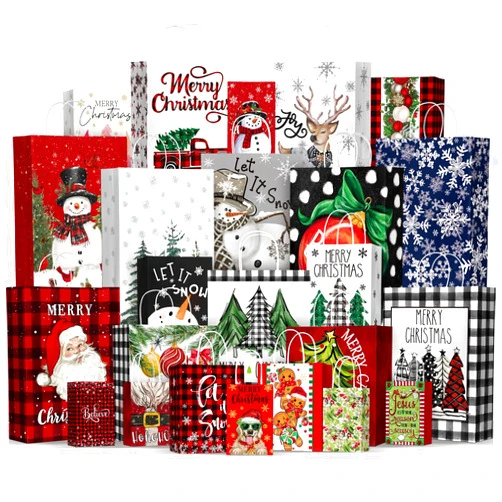 Horaldaily 24 Christmas Gift Paper Bags Bulk with handles Wrapping Xmas Holiday Presents(6 Jumbo,6 Large,6 Medium,6 Small)