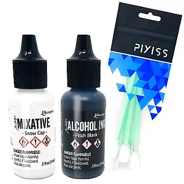 GrandProducts Art Bundles Black and White Alcohol Ink Set | Tim Holtz Ranger .5oz Snow Cap and Pitch Black Alcohol Ink with Pixiss Alcohol Ink Blending Tools