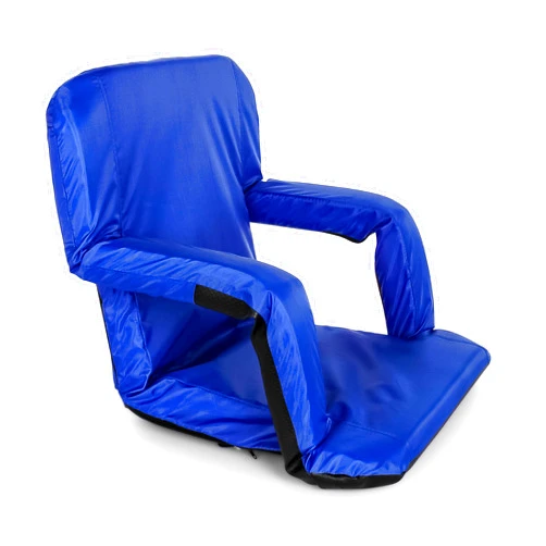 Camco Portable Stadium Seat | Steel Frame w/Padded Cushion Seat, Back Support & Armrests | Invertible Armrests for Wider Seat & Non-Skid Bottom | Great for Camping, RVing, Picnic & More | Blue (53095)