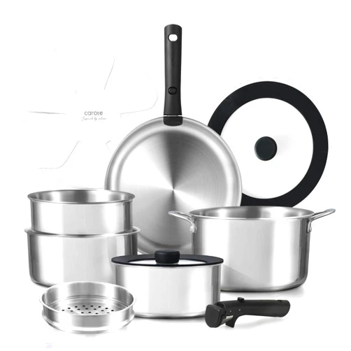 CAROTE 14pcs Pots and Pans Set, Stainless Steel Cookware Set Detachable Handle, Induction Kitchen Cookware Sets with Removable Handle, RV Cookware Set, Oven Safe, Camping Cookware, Black