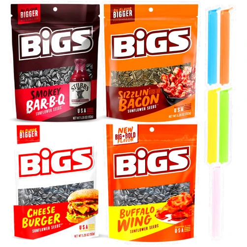 Vituline Sunflower Seeds Variety Pack. Includes BIGS Flavored Sunflower Seeds in Four-5.35 oz Flavors - Cheeseburger, Sizzlin' Bacon, Smokey BBQ, and Buffalo Wing with Vituline Bag Clips, On-the-Go Snacking!