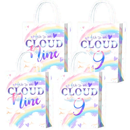 Brattol 16 Pieces Rainbow Clouds 9th Birthday Party Favors Bags,We're on Cloud 9 Gift Snacks Treat Candy Party Favors Bags with Handles for Girls Boys 9th Birthday Party Decorations