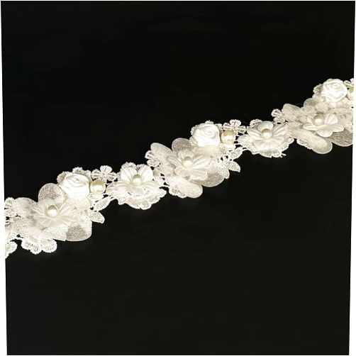 URIMPAVIDO Vintage Flower White Pearl Bead Lace Trim Ribbon Floral Appliques Embroidered Lace Fabric for Sewing Craft Wedding Bridal Dress Clothes Costume Hat Decoration (White, 1 Yard)