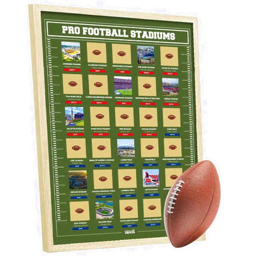 Palettes and Prints Framed Football Stadiums Scratch Off Poster - Football Stadiums Scratch Off Map - Track Your Football Journey - Football Posters - Ultimate Gift for Football Fans & Dads - All 30 Pro Football Stadiums