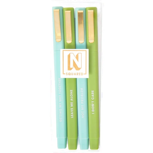 C.R. Gibson Novelty Ball Point Ink Pens - Humorous Sayings in White Font - Green & Teal - 4 Pack - Funny Writing Instruments (NP9-25506)