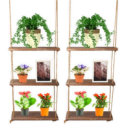 Nuanchu 2 Pieces Decorative Wall Hanging Shelves Window Shelf for Plants 3 Tier Distressed Rustic Home Decor Wood Rope Shelf Floating Indoor Wall Swing Hanging Plant Shelves for Living Room Bathroom