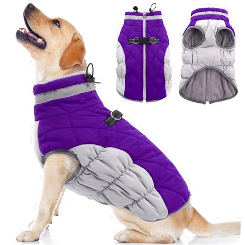 OUOBOB Dog Coat, Dog Jackets for Large Dogs, Dog Winter Coat with Harness Built in, Dog Cold Weather Coats Waterproof, Reflective Dog Snowsuit, Dog Winter Jacket Windproof, Dog Puffer Jacket Purple L