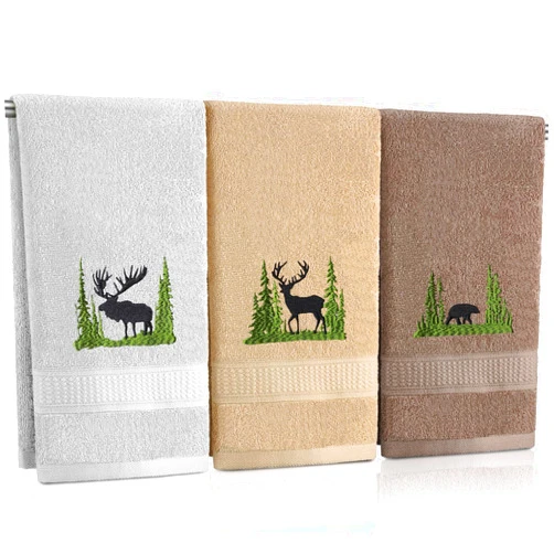 FuWeave 3 Pcs Famhouse Cabin Bear Hand Towels Forest Moose Deer Embroidered Decorative Bathroom Towels for Bathroom Kitchen Decor, 100% Cotton, 13.3 x 29.5''