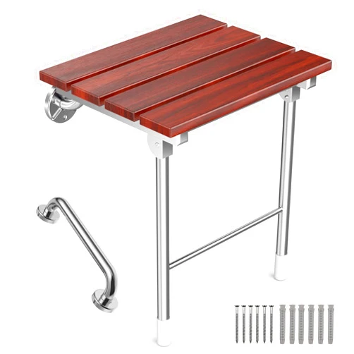 UrEscort Folding Shower Seat Wall Mount, Foldable Wall Wood Shower Chair Bench for Seniors, Bathroom Safety Shower Stool for Small Shower