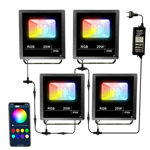 VivaColor by JayCee Products Flood Light Kit - 4 Lights 20W Each Waterproof RGB Color Changing and White, Bluetooth App Control, 80 Watts Total, Built-in Timer, Programming, Music Sync, Mesh Capable(Complete 4 Light Set)