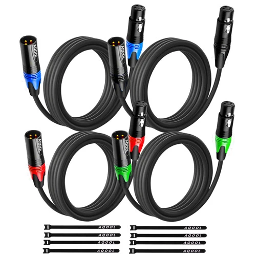 AQOOL 10FT XLR Cables, Gold-Plated 3 Pin XLR Microphone Cable, XLR Male to Female Speaker Cables, Colored Connector 10 Feet Balanced XLR Mic Cord, Ideal for Microphone Audio Mixer Light (4 Packs)