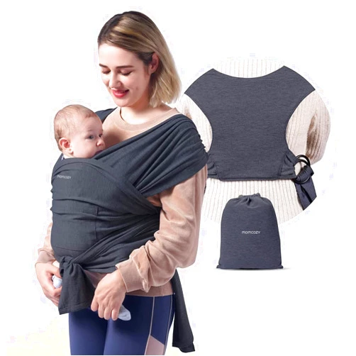 Momcozy Baby Wrap Carrier, Easy to Wear Infant Carrier Slings, Lightweight Hands Free Baby Sling, Adjustable Baby Carriers for Newborn to Toddler 8-35 lbs, Deep Grey