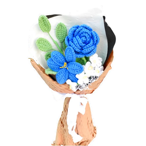 Aiouclay Crochet Flowers Bouquet，Knitted Purest Blue Rose Tulip Bouquet with Exquisite Wrap,Handmade Eternal Blessing Artificial Flowers Bouquet Gift for Mother's Valentine's Day Gift Home Decor(Blue)