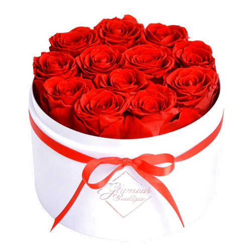 GLAMOUR BOUTIQUE Forever Flower Gift Box: 12 Real Preserved Roses in Velvet White Box, Handmade, Rose Petals, Birthday, Valentines Day,Anniversary, Graduation - Red