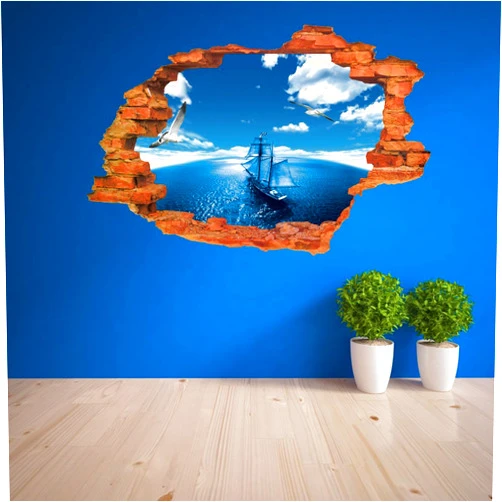 Test-Rite 3D Removable Self-Adhesive Broken Wall Vinyl Wall Sticker/Mural Art Decals Decorator Nursery Kids Birthday Décor Favor Gift (Blue Ocean Boat(19.7