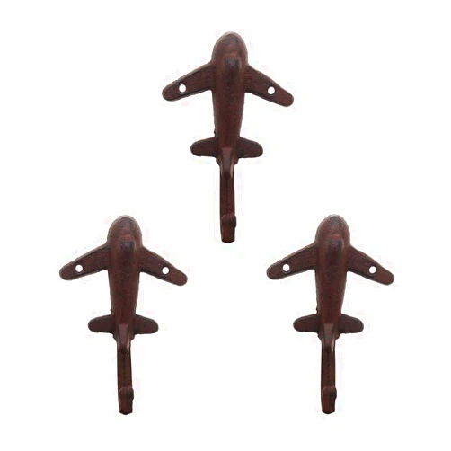 PARISLOFT Retro Cast Iron Airplane Wall Hook, Antique Brown, Set of 3