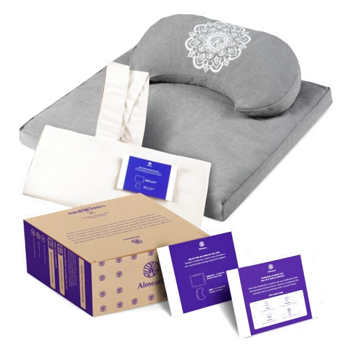 Almeara Meditation Cushion Set - Crescent Cushion & Large Square Floor Pillow | Buckwheat Bolster for Back Support | Waterproof Bottom for Outdoors - Incl. Large Bag & Gift Ready Box - 24in x 24in