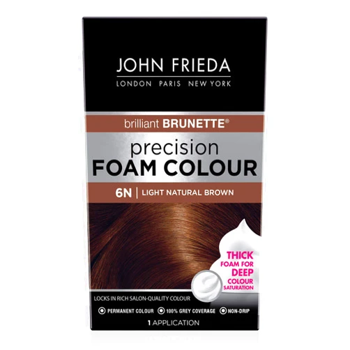 John Frieda Precision Foam Colour, Light Natural Brown 6N, Full-Coverage Hair Color Kit, Anti-Fade Gray Coverage, Deep Color Saturation Hair Dye, 1 Application