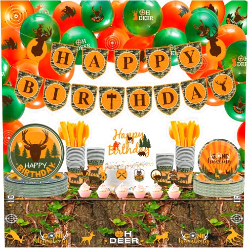 Suclain 165 Pcs Hunting Birthday Party Decorations Hunting Birthday Banner Cake Decors Deer Balloons Camo Paper Plates Cups Serves 16 Guests Hunting Birthday Party Supplies Camo Tablecloth (Banner)