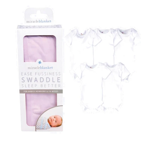 Miracle Blanket Swaddle Wrap (Pink) and MiracleWare 5-Pack Bodysuits (White) Bundle