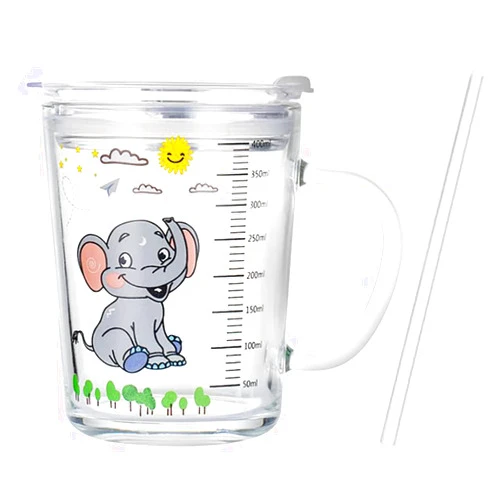 Fzy.bstim Kids Straw Cup with Lid and Handle,12oz Cute Glass Tumbler with Scale for Water, Tea, Milk Coffee(elephant)