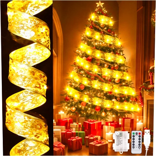 Dailyart Christmas Tree Ribbon 78Ft 200 LED String Lights Fairy Lights with Remote Ribbon Bows Lights with Battery Operated & USB Powered Christmas Ribbon Lights with Timer for Xmas Tree Decor (Gold)