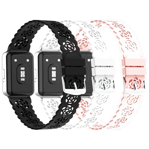 VOMA 3 Pack Sport Bands Compatible with Samsung Galaxy Fit 3, Slim Lace Breathable Rose Hollowed-out Soft Silicone Replacement Straps Wristbands for Galaxy Fit3 SM-R390 Smart Watch Women Men
