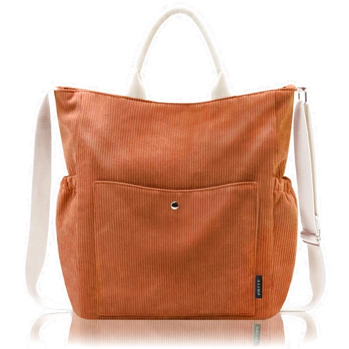 Prite Corduroy Tote Bag for Women, Large Zippered Messenger Bag with Pockets, Hobo Handbag for Shopping, Work, College