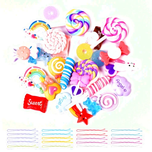 Lasiyanor Mixed Slime Charms with Hair Bobby Pins, Kawaii Candy Sweets Lollipop Assorted Flatback Resin Embellishments Supplies for DIY Crafts Scrapbooking Hair Clip Decorations