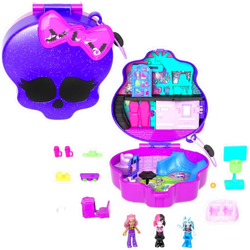 Polly Pocket Monster High Playset with 3 Micro Dolls & 10 Accessories, Opens to High School, Collectible Travel Toy with Storage