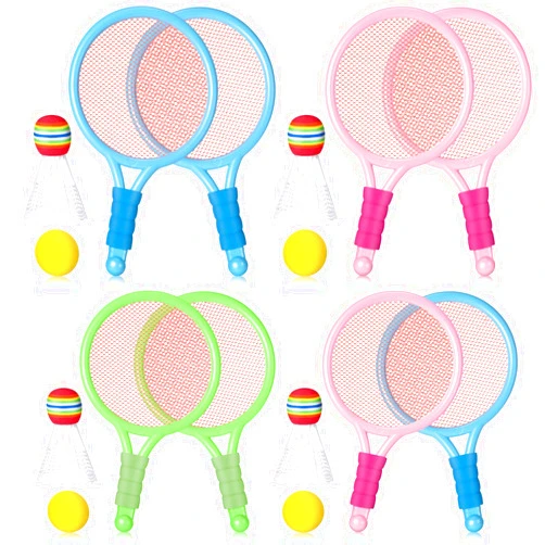 Wettarn 8 Pcs Plastic Kids Tennis Racket with 4 Tennis Balls and 4 Shuttlecocks Training Balls Beach Racket Set in 3 Colors for Kids Outdoor Sports Gifts