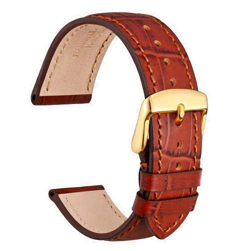 WOCCI 20mm Watch Band, Italian Leather, Embossed Alligator Grain, Gold Buckle (Brown)