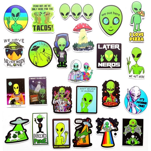 HiroKun 50Pcs Funny Alien Decals Cute Aliens Sticker UFO Prank Spaceship Wall Decal Little Green Alien Face Cartoon