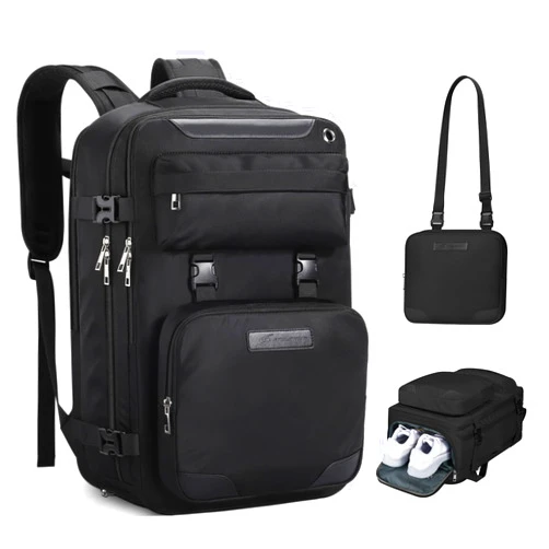 Maelstrom Travel Backpack for Women Men,25L Laptop Backpack Fits 17-Inch Laptop,Waterproof Carry On Backpack for Airplanes with Detachable Crossbody Bag&Shoe Compartment,Black, Medium