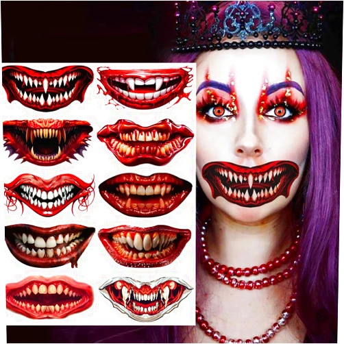 CMJSGG 10 PCS Halloween Scary Mouth Temporary Tattoos Zombie Mouth Tattoo Stickers Clown Horror Mouth Face Tattoos Prank Makeup Decals for Halloween Cosplay DIY Decoration Party Supplies, Red