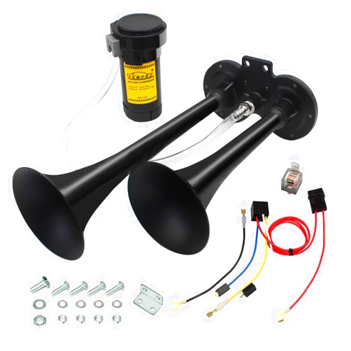 GAMPRO 150db 12V Air Horn, Chrome Zinc Dual Trumpet with Compressor for Any 12V Vehicles (Black)