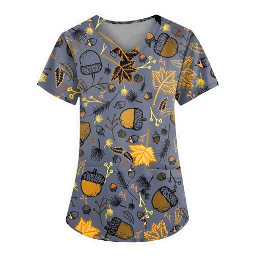 UDAUDU Scrub Tops Women Short Sleeve Plus Size Stretch V-Neck Fun Printed Scrubs Top Medical Nursing Uniforms with Pockets