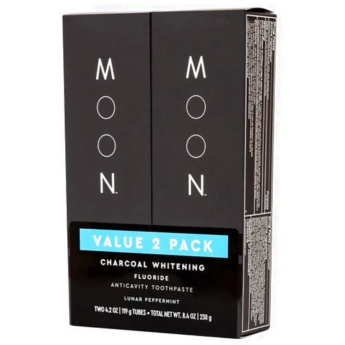 MOON Charcoal Toothpaste, Whitening Stain Removal with Cavity Protection - SLS Free Teeth Whitening Toothpaste with Fluoride - Reduce Plaque & Support Gum Health - Peppermint (2 Pack, 4.2 Oz Each)