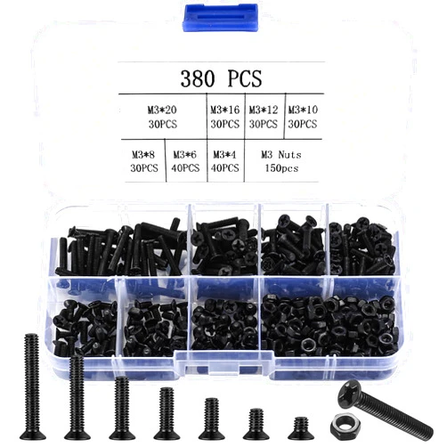 Xujinsongg M3 Flat Head Machine Screws and Hex Nuts Kit, 380 Pcs Black Countersunk Head Phillips Screws Bolts Nuts Assortment Kit - M3 x 4mm/ 6mm/ 8mm/ 10mm/ 12mm/ 16mm/ 20mm