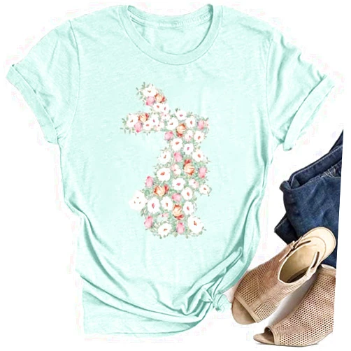 Weokwock Happy Easter Shirts for Women Cute Floral Bunny Graphic T Shirt Spring Vigour Tops Tee