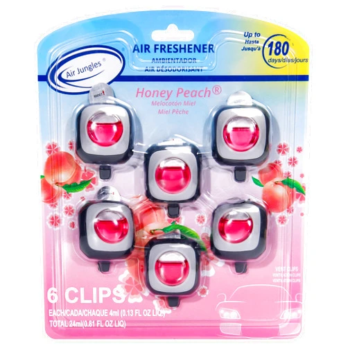 Air Jungles Honey Peach Scent Car Air Freshener Vent Clip, 6 Count Long Lasting Up to 180 days, Natural Essential Oil Car Fragrance for Women and Men, Odor Eliminator - 4ml Each