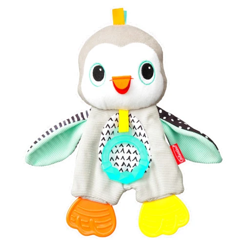 Infantino Cuddly Teether, Penguin Character, 3 Textured Teething Places to Soothe Sore Gums, BPA-Free Silicone, Soft Fabric Textures to Explore, Crinkle Sounds to Discover, for Babies 0M+