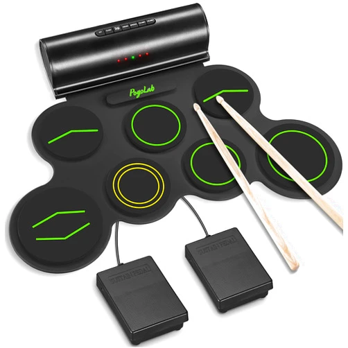 POGOLAB Electronic Drum Set, 7 Pads Roll Up Electric Drum Pad with Wireless Function, Portable Rechargeable Midi Drum Kit with Speaker/Pedals/Headphone Jack, Great Holiday Gift for Beginner (Green)