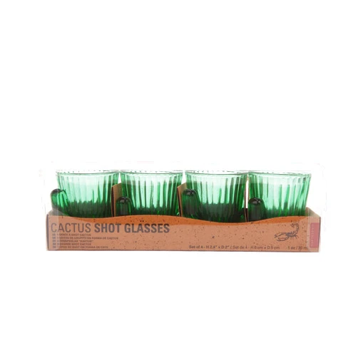 Kikkerland Tequila Shots Green Cactus Glass Shot Glasses, Shooters, Set of 4, 1oz capacity, for Party Supplies, Southwest Theme