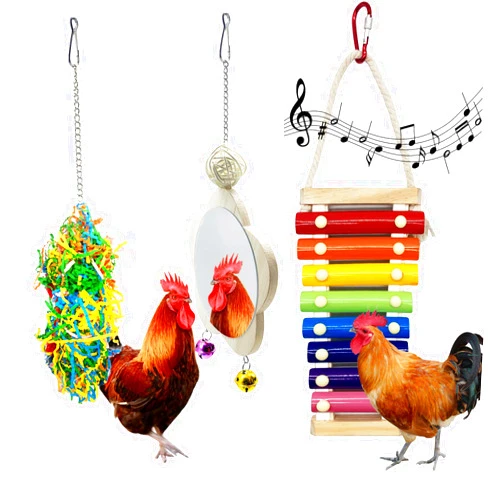 EBaokuup 3PCS Chicken Toys for Hens, Chicken Xylophone Toy, Chicken Mirror Toy with Bell and Foraging Shredder Toys, Suspensible Wood Xylophone Toy with 8 Metal Keys for Chicks Hens Parrot Bird