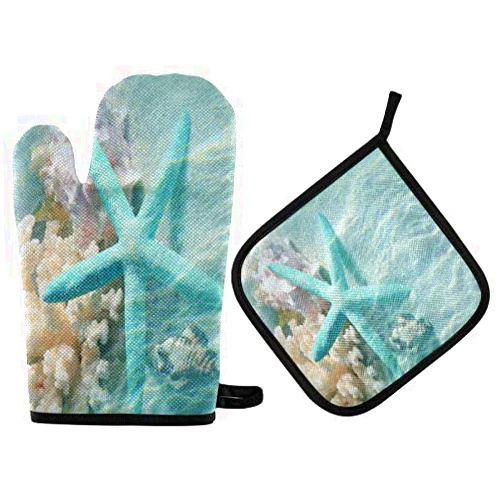 Exnundod Seashell Starfish Coastal Oven Mitts & Pot Holders Set Kitchen Decor Summer Beach Sea Water Heat Resistant Gloves and PotHolders Pad 2Pcs Recycled Microwave Gloves for Baking Cooking Grilling BBQ HOM