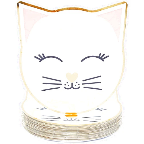 BLUE PANDA 48-Pack Gold Foil Die-Cut Cat Paper Plates Birthday Party Supplies (9.5 x 9.9 in)