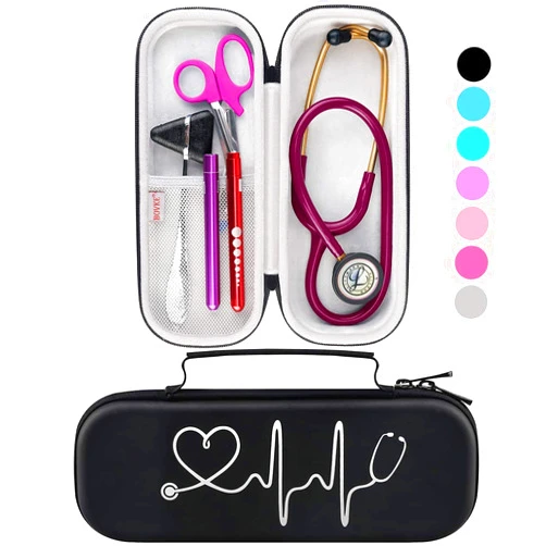 BOVKE Stethoscope Case for 3M Littmann Classic III, Lightweight II S.E, MDF Acoustica Deluxe Stethoscopes - Extra Room for Medical Bandage Scissors EMT Trauma Shear and LED Penlights, Black