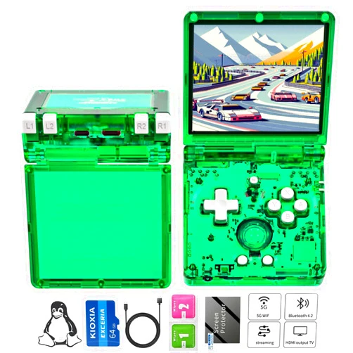 GiipGoop RG35XXSP Handheld Game Console RG35XX SP Clamshell Game Console with 64G TF Card Retro Gaming Console with 3.5 inch Screen 3300mAh Battery 5G WiFi Bluetooth HD and TV Output GreenTransparent